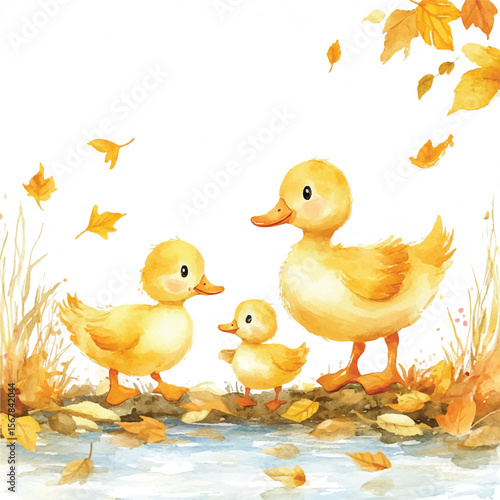 Three Adorable Yellow Ducklings by a Gentle Autumn Stream