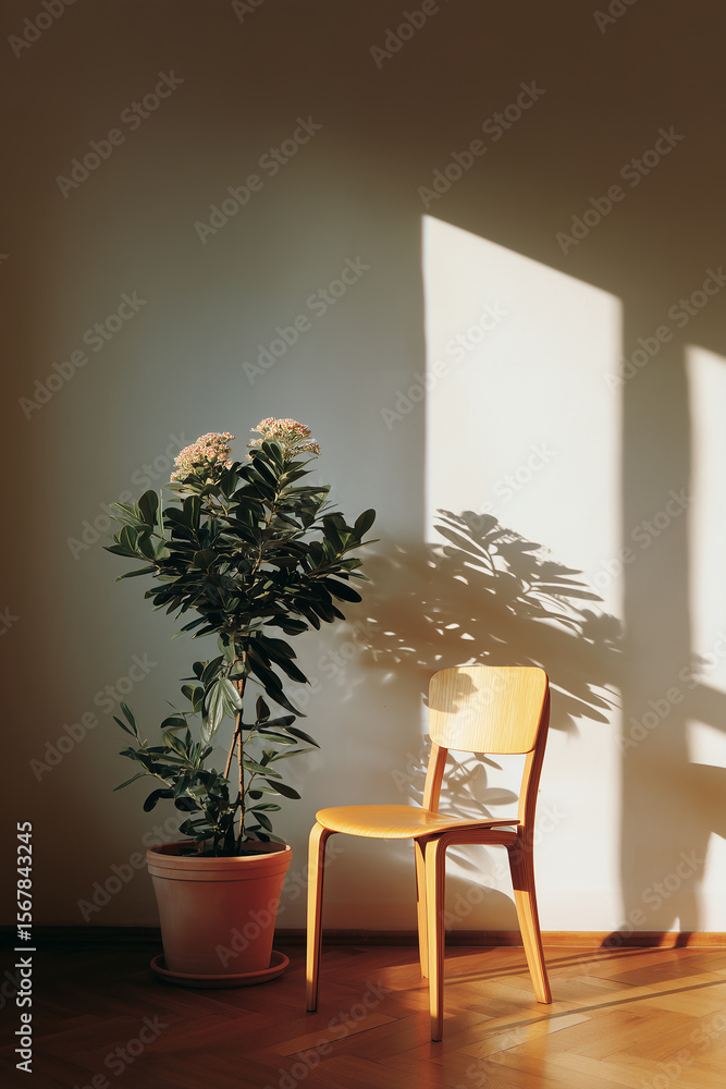 Fototapeta premium Wooden chair and potted plant in sunlit corner with soft shadows