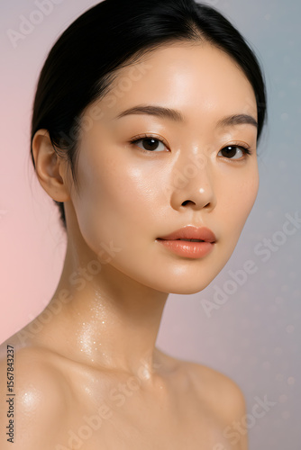Radiant Dewy Skin – Close-Up Portrait of Asian Woman on Pastel Gradient
