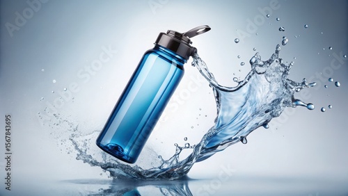 A blue water bottle splashes water dynamically in mid-air against a light background.