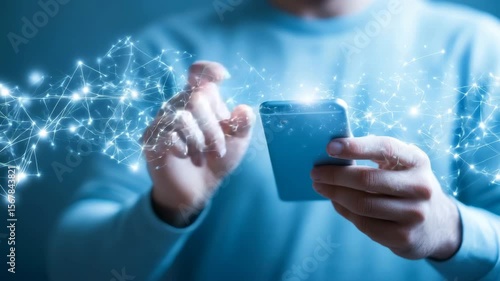 Hand Interacting with a Smartphone and Digital Network Connections.