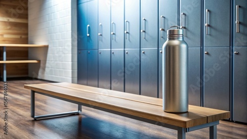 A modern locker room with blue lockers, a wooden bench, and a stainless steel water bottle placed on the bench.