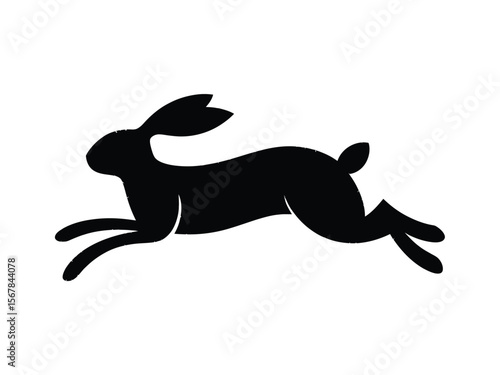 A minimalist black silhouette of a running hare against a white background