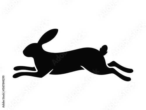 A minimalist black silhouette of a running hare against a white background