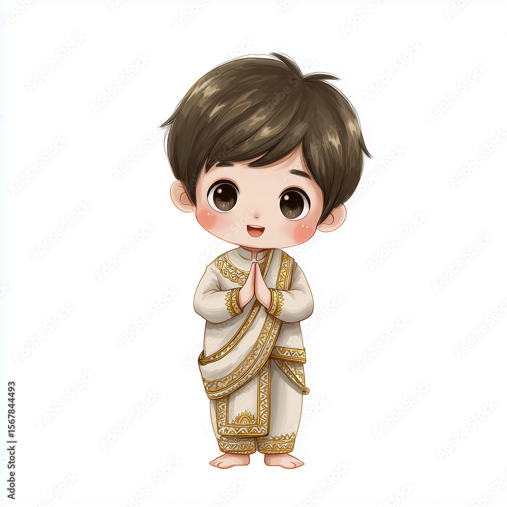 Cute Thai Boy in Traditional Costume Doing Wai Greeting Cute Thai Boy in Traditional Costume Doing Wai Greeting