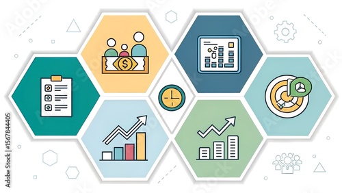  Hexagon Grid Infographic Layout with Metric Icons.