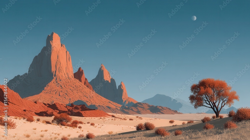 Fototapeta premium Majestic Sunlit Desert Landscape with Red Rock Formations and Moon