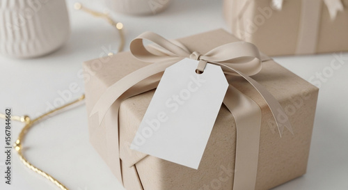 Elegant kraft paper gift box with beige ribbon and blank white tag, perfect for holidays, birthdays, or special occasions.