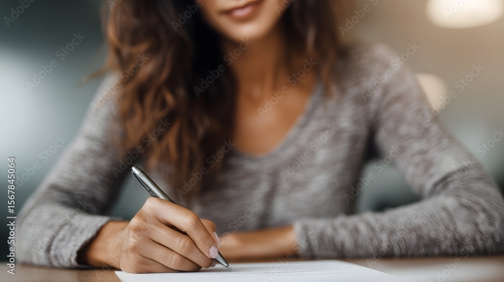 Woman signing home contract at real estate office Woman signing home contract at real estate office