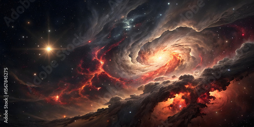 Swirling orange and red nebula forms cosmic hurricane pattern with bright central vortex, surrounded by flowing gas streams and stellar formations.