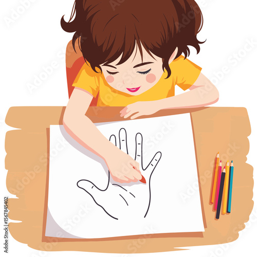 Young girl tracing hand on paper, artistic expression