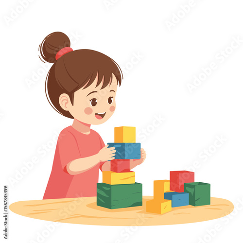Preschool girl stacking colorful blocks on a tabletop, playful learning
