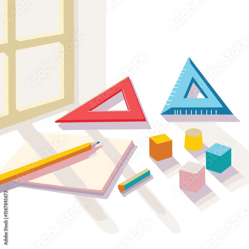 Colorful geometric school supplies on white desk, creative learning