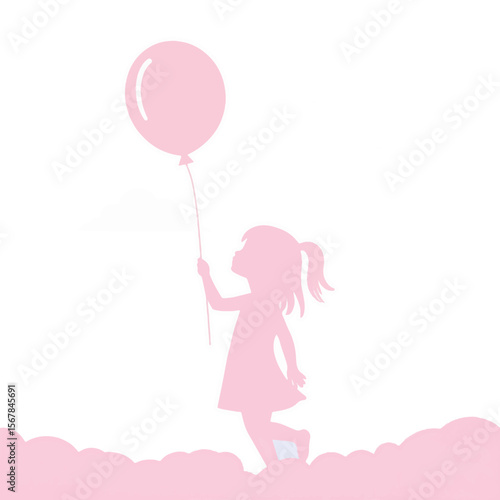 Young girl holding pink balloon, dreamy pastel background, innocence