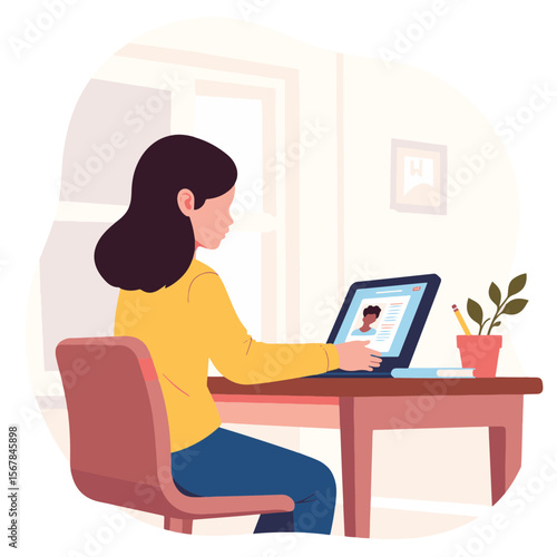 Young girl engaged in online learning at home, educational growth