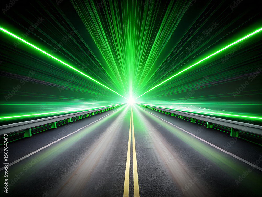 Obraz premium laser trail and speed light with green beam, modern street flash and night motion effect generative ai