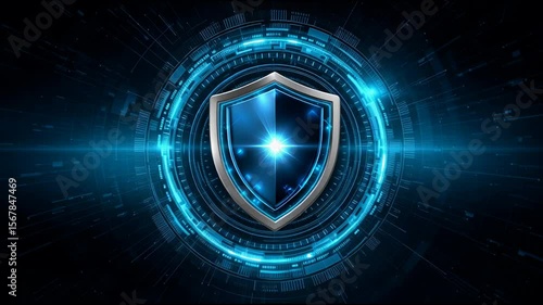Digital shield glowing blue with futuristic circular interface showcasing advanced cybersecurity protection technology and security defense system in high tech digital environment