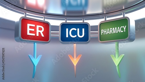 Wallpaper Mural Hospital departments signage guides patients and visitors with directions for ER, ICU and Pharmacy services. Torontodigital.ca