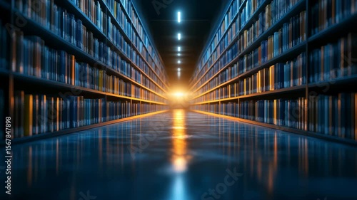 Endless Rows of Books in a Digitally Illuminated Library.