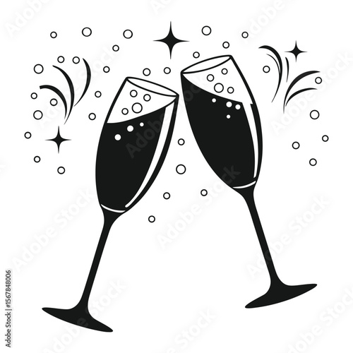 Silhouette of two champagne glasses clinking with bubbles and festive sparks. Ideal for celebration art and party decor