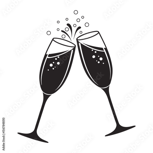 Silhouette of two champagne glasses clinking with bubbles. Perfect for celebration art, party designs, and festive decor