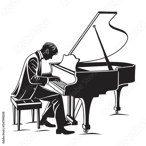 Elegant silhouette of a pianist playing a grand piano, ideal for music, concert, or artistic designs, posters, and event decorations