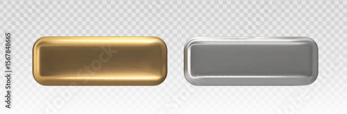 3D Metal Button from Gold and Chrome Vector Elements. Modern Glass Tag Design with Chrome Plate and Glossy Gradient Effect. Isolated Silver and Gold Button for Web Banner or CTA Label.