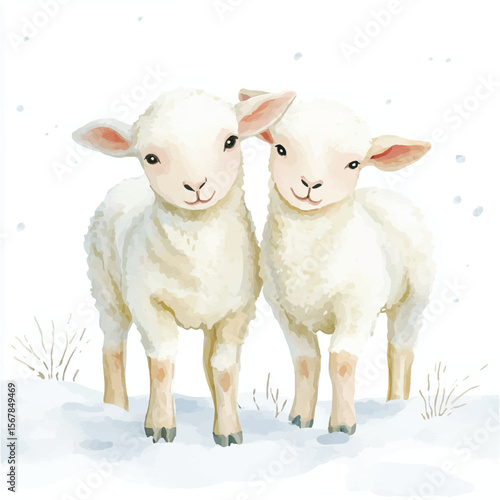Two Adorable Lambs in Winter Wonderland Watercolor Painting