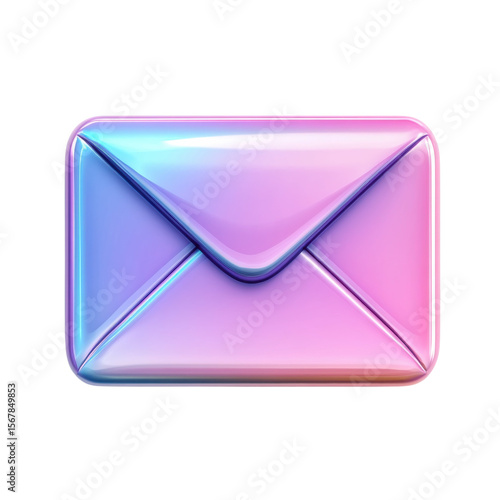 Glossy holographic envelope digital communication invitation on transparent background