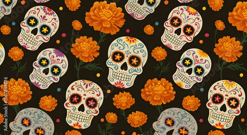 A Festive Dia de los Muertos Pattern Featuring Sugar Skulls and Marigolds, Colorful Day of the Dead Background with Ornate Skulls and Vibrant Orange Flowers