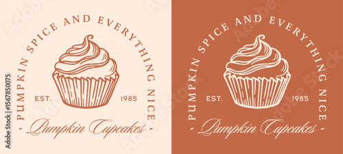 Cupcake pumpkin spice and everything nice fall season spiced flavor sticker label funny quotes. Fancy retro vintage aesthetic baked cream pastry dessert treats printable poster print shirt design.