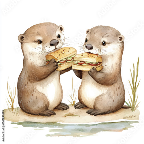 Two Adorable Otters Enjoying Delicious Sandwiches Watercolor Illustration