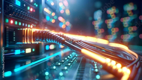 Fiber Optic Cables Illuminating a Network Server.