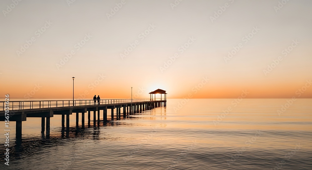 Serene Sunset Couple Silhouetted on a Pier, Golden Hour Ocean View Serene Sunset Couple Silhouetted on a Pier, Golden Hour Ocean View