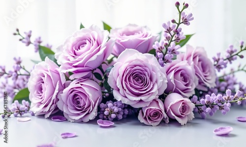 Fototapeta Naklejka Na Ścianę i Meble -  Purple rose bouquet on a white background with green leaves. Elegant floral arrangement for wedding, anniversary, and Valentine's Day.
