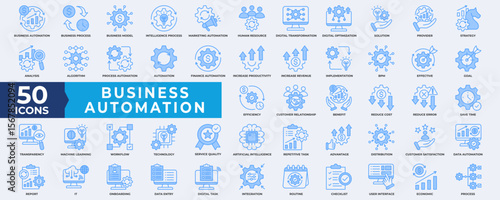 Business automation icon collection set. Containing process, digital transformation, industry 4.0, productivity, technology, business, integration icon. Simple line blue vector illustration.