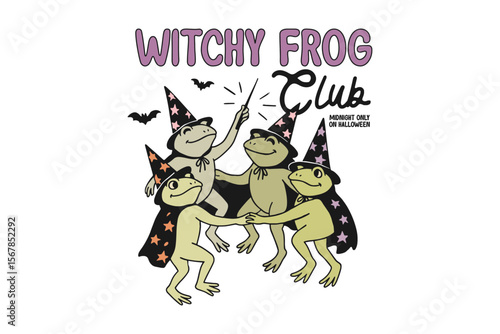 Witchy Frog Club – Cute Halloween Group of Frogs in Witch Costume Illustration Sublimation T Shirt Design