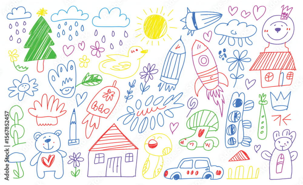 Kid crayon hand drawn background. Children school pencil bg. Cute summer flower, cloud, house, rainbow sun child icon. Vector kid sketch illustration. Cute crayon children pattern. Color pencil doodle Kid crayon hand drawn background. Children school pencil bg. Cute summer flower, cloud, house, rainbow sun child icon. Vector kid sketch illustration. Cute crayon children pattern. Color pencil doodle