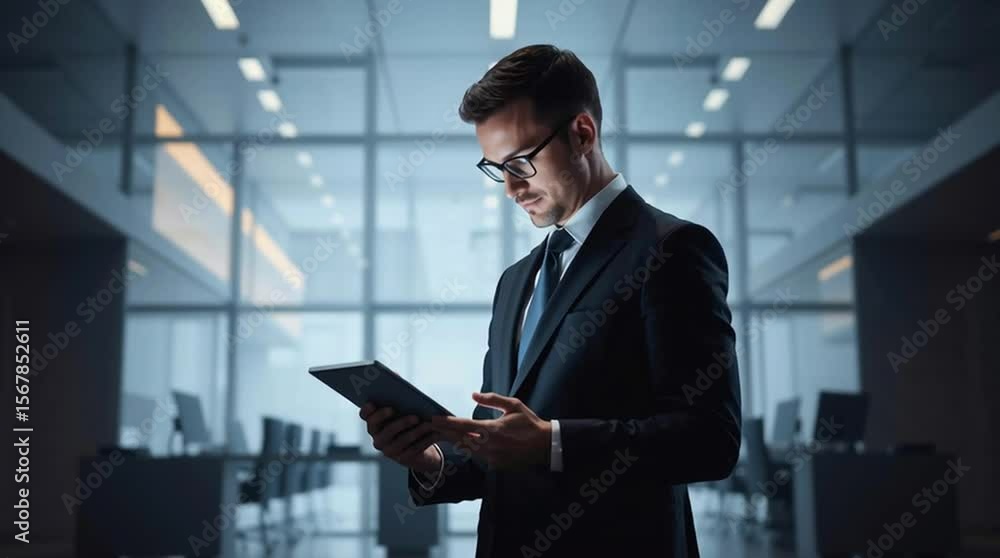 Businessman in suit using tablet in modern office. Confident executive checking data on device. Businessman in suit using tablet in modern office. Confident executive checking data on device.