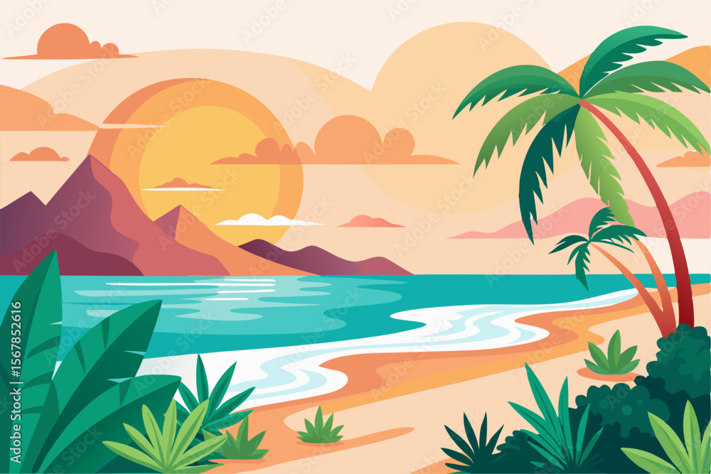 Obraz premium Tropical Beach Sunset with Palm Trees and Ocean Waves – Vibrant Vector Illustration