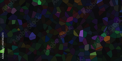 Mosaic pattern of irregularly shaped colorful stone tiles in a dark and moody arrangement perfect for decorative and design purposes