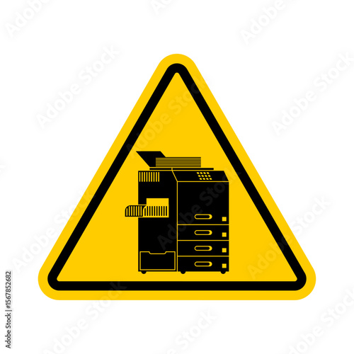Attention Copier. Yellow triangular road sign. Caution copier office machine