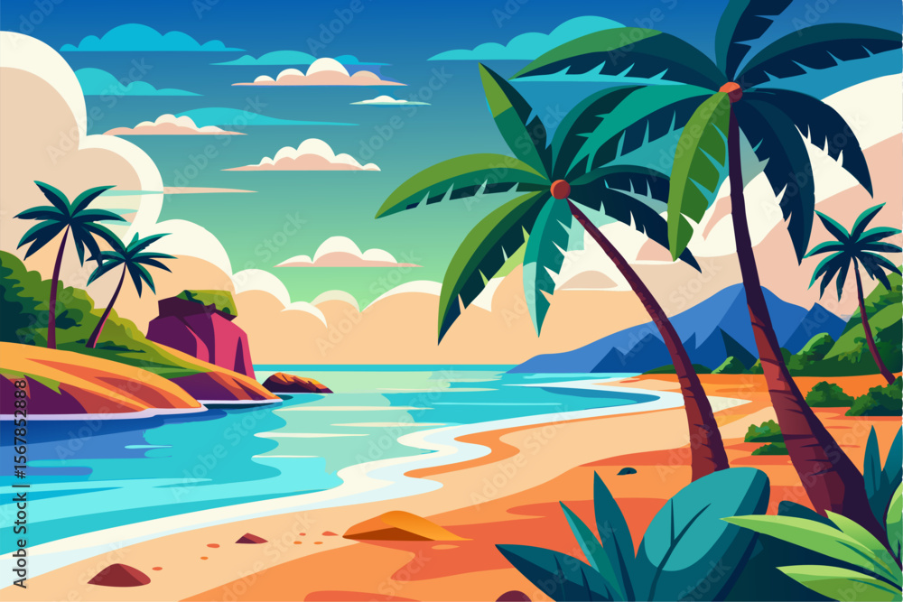 Obraz premium Tropical Beach Sunset with Palm Trees and Ocean Waves – Vibrant Vector Illustration