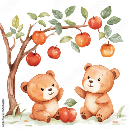 Two Adorable Watercolor Teddy Bears by an Apple Tree