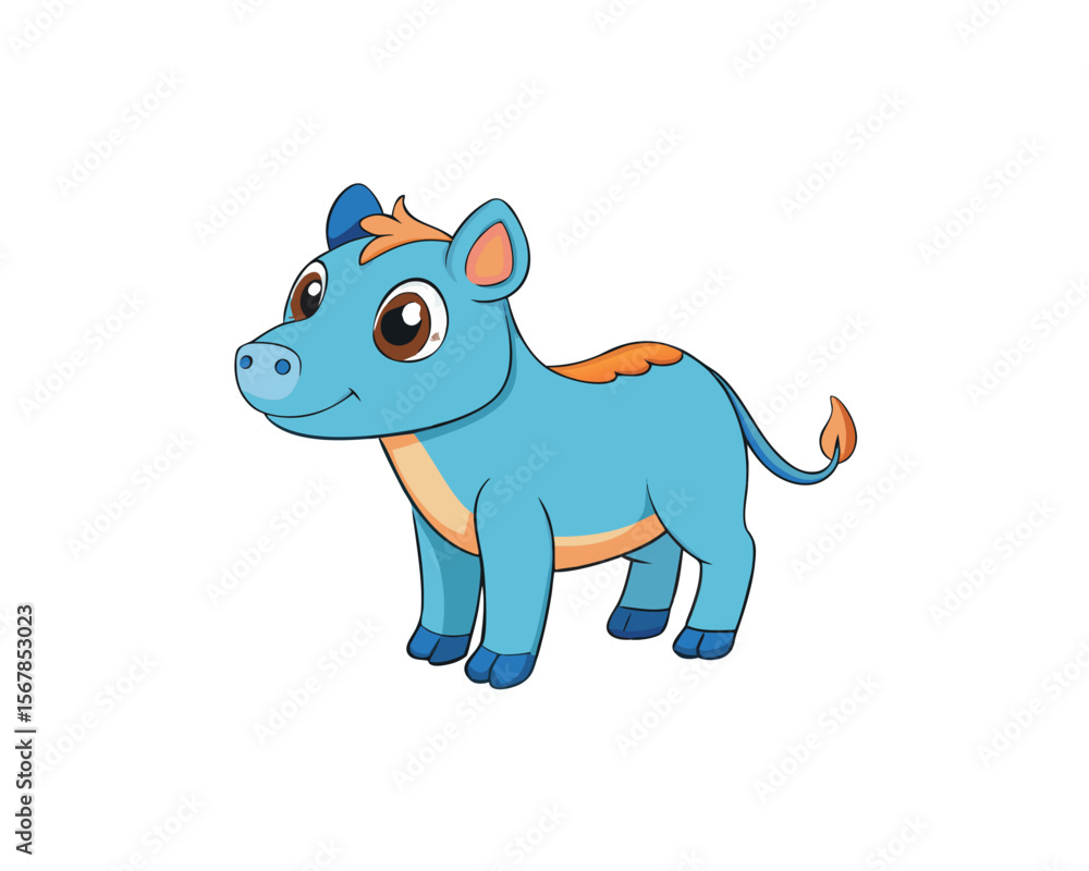 Obraz premium Cute blue cartoon donkey with orange mane and tail isolated on white background