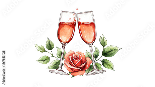 Celebratory champagne toasting glasses with a watercolor rose isolated on transparent background.