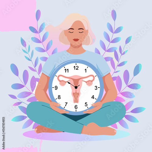 Grandfather clock vector with serene woman meditating, holding a uterus clock symbolizing biological time. Suitable for healthcare or wellness designs.