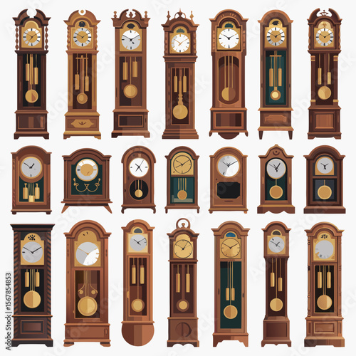 Grandfather clock vector featuring twenty antique clocks in a collectible style. Great for vintage decor or clockrelated designs.
