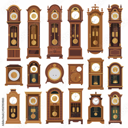 Grandfather clock vector featuring twenty antique clocks in a collectible style. Great for vintage decor or clockrelated designs.