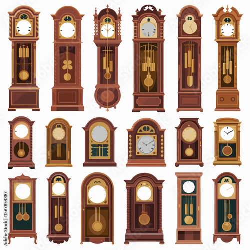 Grandfather clock vector featuring twenty antique clocks in a collectible style. Great for vintage decor or clockrelated designs.